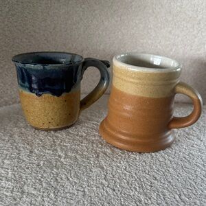 Handcrafted Ceramic Coffee Mugs Set - Blue & Tan